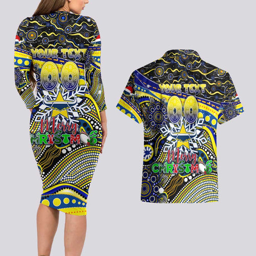 Merry Christmas Cowboys Couples Matching Long Sleeve Bodycon Dress and Hawaiian Shirt Aboriginal Santa Rugby Mascot - North Queensland
