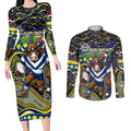 Merry Christmas Cowboys Couples Matching Long Sleeve Bodycon Dress and Long Sleeve Button Shirt Aboriginal Santa Rugby Mascot - North Queensland
