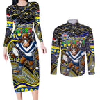 Merry Christmas Cowboys Couples Matching Long Sleeve Bodycon Dress and Long Sleeve Button Shirt Aboriginal Santa Rugby Mascot - North Queensland