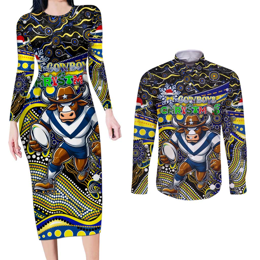 Merry Christmas Cowboys Couples Matching Long Sleeve Bodycon Dress and Long Sleeve Button Shirt Aboriginal Santa Rugby Mascot - North Queensland