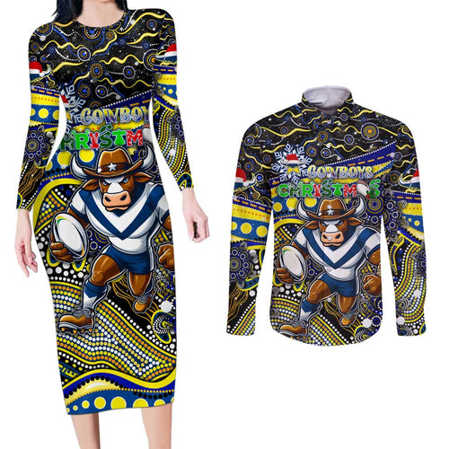 Merry Christmas Cowboys Couples Matching Long Sleeve Bodycon Dress and Long Sleeve Button Shirt Aboriginal Santa Rugby Mascot - North Queensland