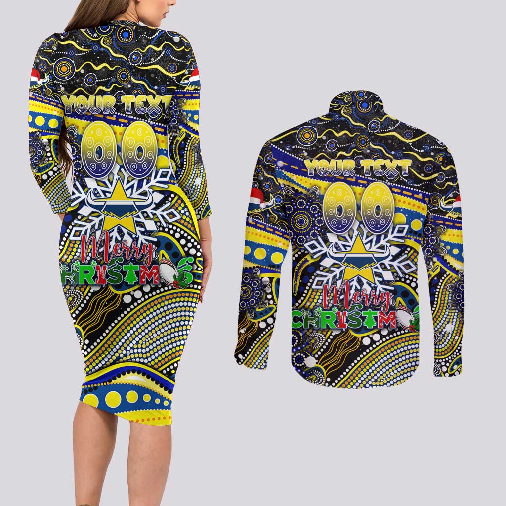 Merry Christmas Cowboys Couples Matching Long Sleeve Bodycon Dress and Long Sleeve Button Shirt Aboriginal Santa Rugby Mascot - North Queensland