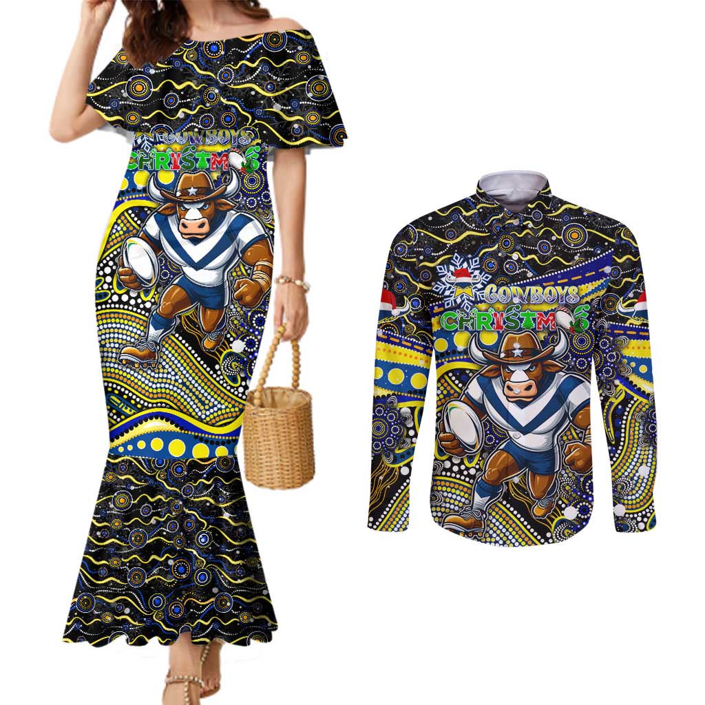 Merry Christmas Cowboys Couples Matching Mermaid Dress and Long Sleeve Button Shirt Aboriginal Santa Rugby Mascot - North Queensland