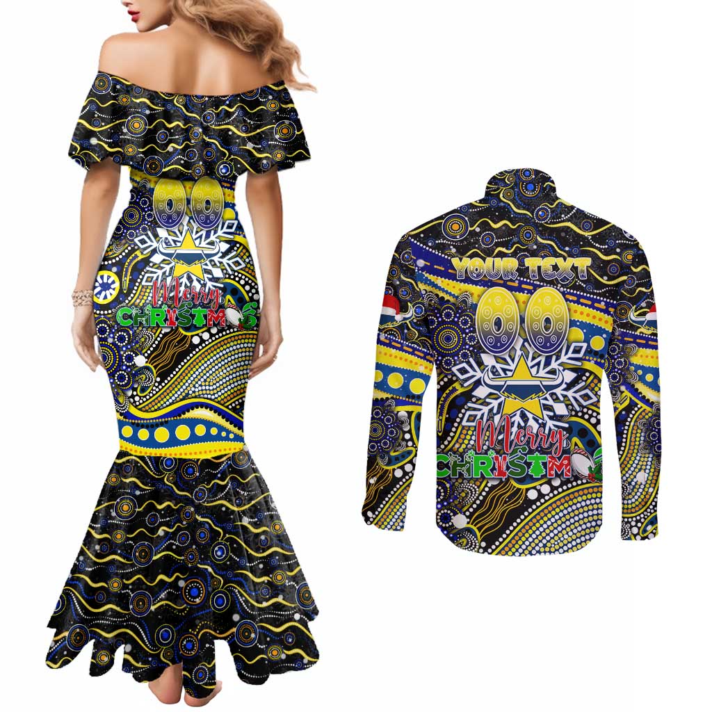 Merry Christmas Cowboys Couples Matching Mermaid Dress and Long Sleeve Button Shirt Aboriginal Santa Rugby Mascot - North Queensland