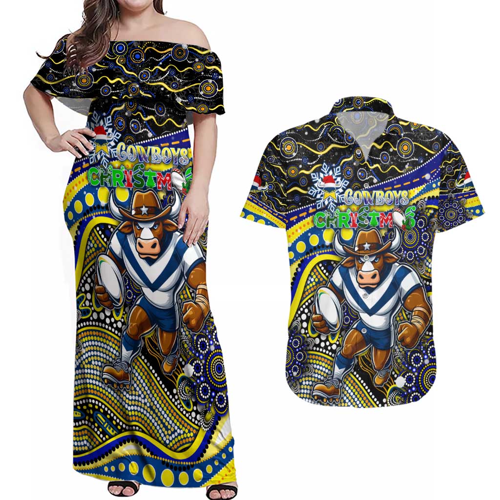 Merry Christmas Cowboys Couples Matching Off Shoulder Maxi Dress and Hawaiian Shirt Aboriginal Santa Rugby Mascot - North Queensland