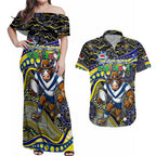 Merry Christmas Cowboys Couples Matching Off Shoulder Maxi Dress and Hawaiian Shirt Aboriginal Santa Rugby Mascot - North Queensland