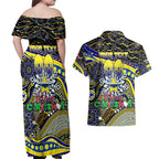 Merry Christmas Cowboys Couples Matching Off Shoulder Maxi Dress and Hawaiian Shirt Aboriginal Santa Rugby Mascot - North Queensland