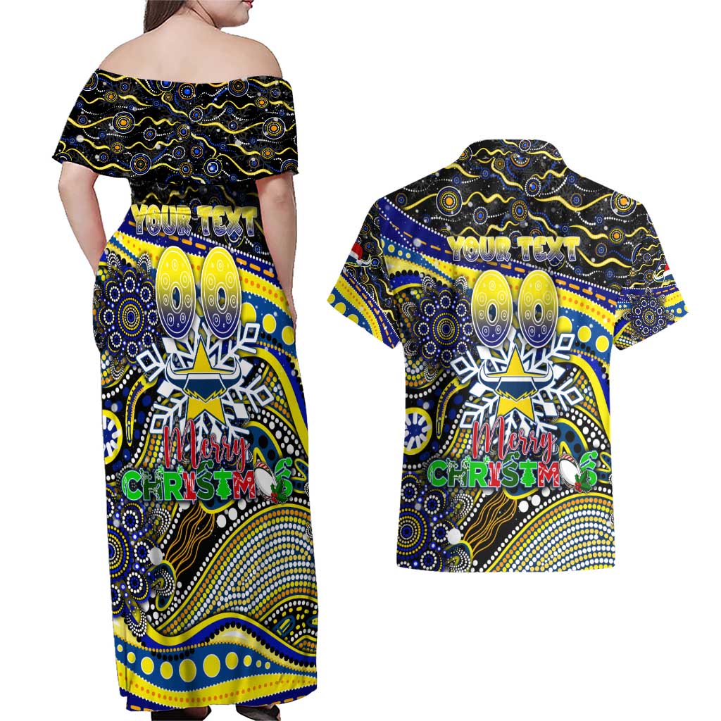 Merry Christmas Cowboys Couples Matching Off Shoulder Maxi Dress and Hawaiian Shirt Aboriginal Santa Rugby Mascot - North Queensland