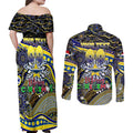 Merry Christmas Cowboys Couples Matching Off Shoulder Maxi Dress and Long Sleeve Button Shirt Aboriginal Santa Rugby Mascot - North Queensland