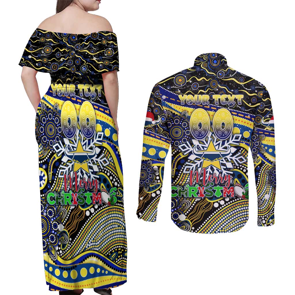 Merry Christmas Cowboys Couples Matching Off Shoulder Maxi Dress and Long Sleeve Button Shirt Aboriginal Santa Rugby Mascot - North Queensland