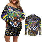 Merry Christmas Cowboys Couples Matching Off Shoulder Short Dress and Long Sleeve Button Shirt Aboriginal Santa Rugby Mascot - North Queensland