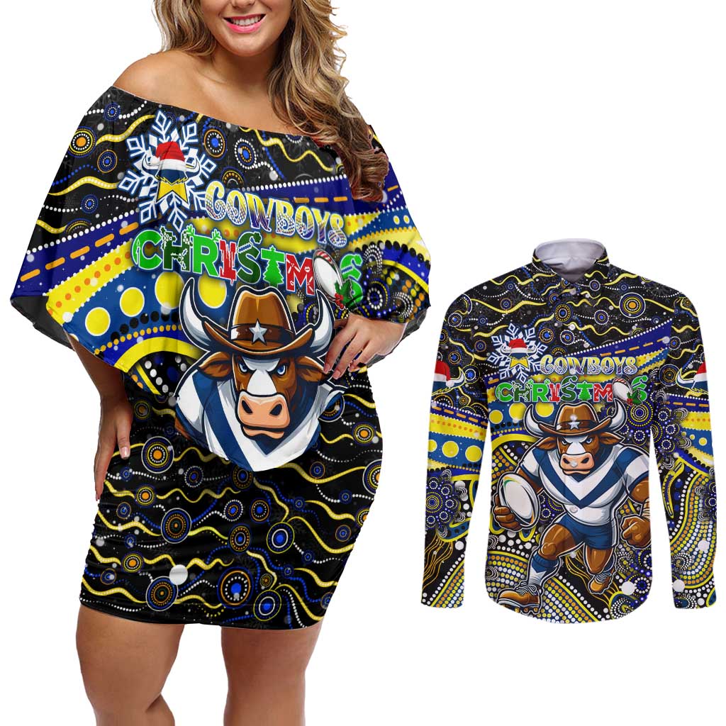 Merry Christmas Cowboys Couples Matching Off Shoulder Short Dress and Long Sleeve Button Shirt Aboriginal Santa Rugby Mascot - North Queensland