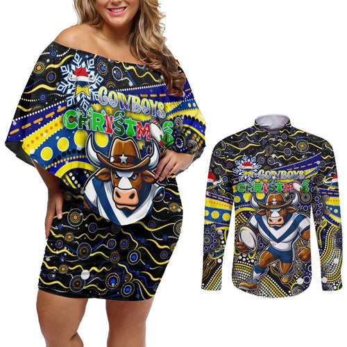 Merry Christmas Cowboys Couples Matching Off Shoulder Short Dress and Long Sleeve Button Shirt Aboriginal Santa Rugby Mascot - North Queensland