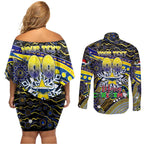 Merry Christmas Cowboys Couples Matching Off Shoulder Short Dress and Long Sleeve Button Shirt Aboriginal Santa Rugby Mascot - North Queensland