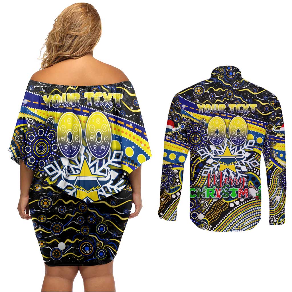 Merry Christmas Cowboys Couples Matching Off Shoulder Short Dress and Long Sleeve Button Shirt Aboriginal Santa Rugby Mascot - North Queensland