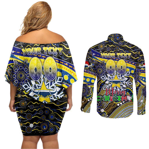 Merry Christmas Cowboys Couples Matching Off Shoulder Short Dress and Long Sleeve Button Shirt Aboriginal Santa Rugby Mascot - North Queensland