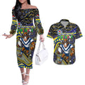 Merry Christmas Cowboys Couples Matching Off The Shoulder Long Sleeve Dress and Hawaiian Shirt Aboriginal Santa Rugby Mascot - North Queensland