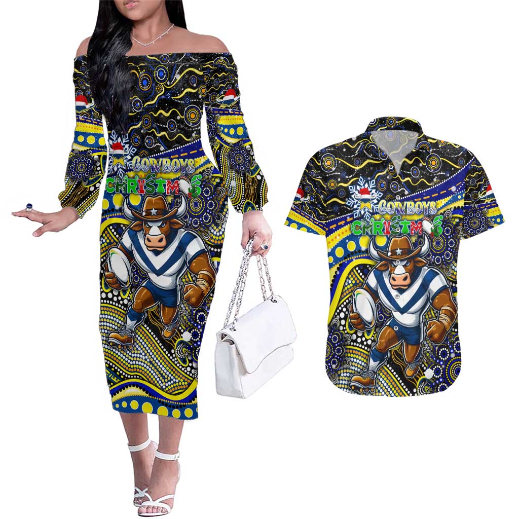 Merry Christmas Cowboys Couples Matching Off The Shoulder Long Sleeve Dress and Hawaiian Shirt Aboriginal Santa Rugby Mascot - North Queensland