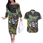 Merry Christmas Cowboys Couples Matching Off The Shoulder Long Sleeve Dress and Hawaiian Shirt Aboriginal Santa Rugby Mascot - North Queensland