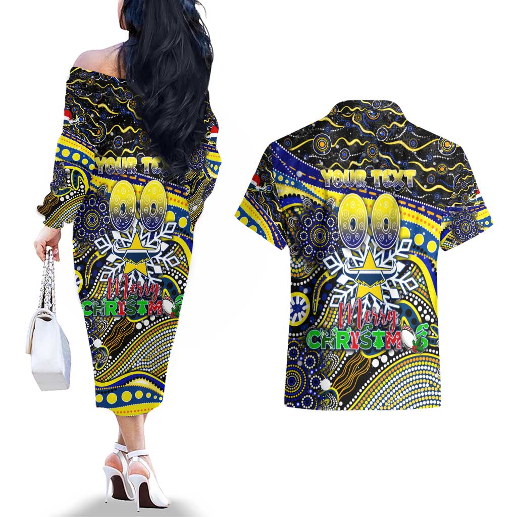 Merry Christmas Cowboys Couples Matching Off The Shoulder Long Sleeve Dress and Hawaiian Shirt Aboriginal Santa Rugby Mascot - North Queensland