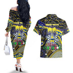 Merry Christmas Cowboys Couples Matching Off The Shoulder Long Sleeve Dress and Hawaiian Shirt Aboriginal Santa Rugby Mascot - North Queensland