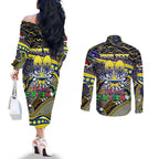 Merry Christmas Cowboys Couples Matching Off The Shoulder Long Sleeve Dress and Long Sleeve Button Shirt Aboriginal Santa Rugby Mascot - North Queensland