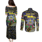 Merry Christmas Cowboys Couples Matching Puletasi and Long Sleeve Button Shirt Aboriginal Santa Rugby Mascot - North Queensland