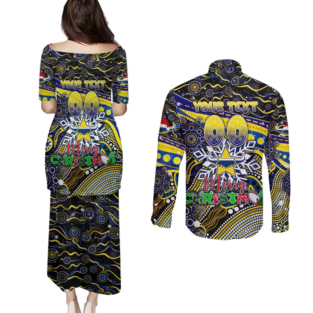 Merry Christmas Cowboys Couples Matching Puletasi and Long Sleeve Button Shirt Aboriginal Santa Rugby Mascot - North Queensland