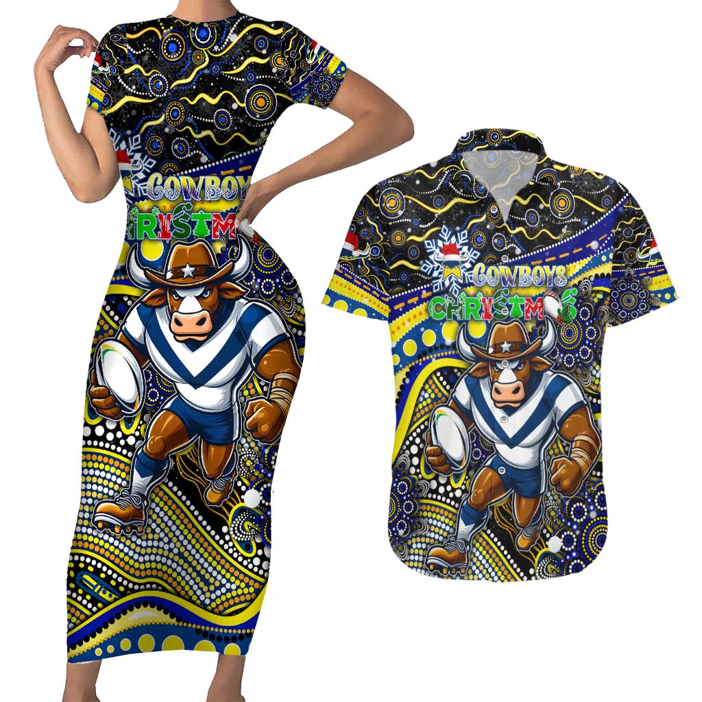 Merry Christmas Cowboys Couples Matching Short Sleeve Bodycon Dress and Hawaiian Shirt Aboriginal Santa Rugby Mascot - North Queensland