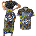 Merry Christmas Cowboys Couples Matching Short Sleeve Bodycon Dress and Hawaiian Shirt Aboriginal Santa Rugby Mascot - North Queensland