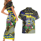 Merry Christmas Cowboys Couples Matching Short Sleeve Bodycon Dress and Hawaiian Shirt Aboriginal Santa Rugby Mascot - North Queensland