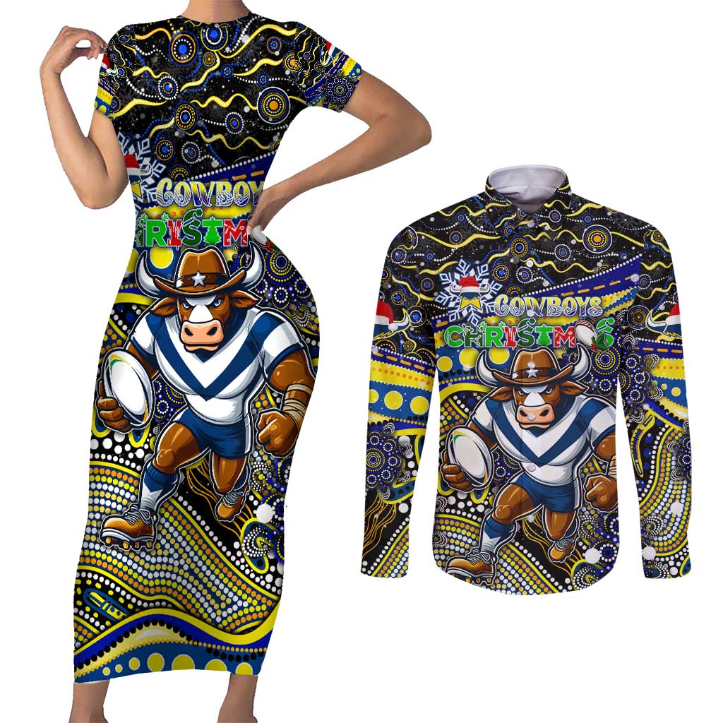Merry Christmas Cowboys Couples Matching Short Sleeve Bodycon Dress and Long Sleeve Button Shirt Aboriginal Santa Rugby Mascot - North Queensland