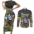Merry Christmas Cowboys Couples Matching Short Sleeve Bodycon Dress and Long Sleeve Button Shirt Aboriginal Santa Rugby Mascot - North Queensland