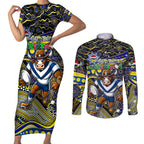 Merry Christmas Cowboys Couples Matching Short Sleeve Bodycon Dress and Long Sleeve Button Shirt Aboriginal Santa Rugby Mascot - North Queensland