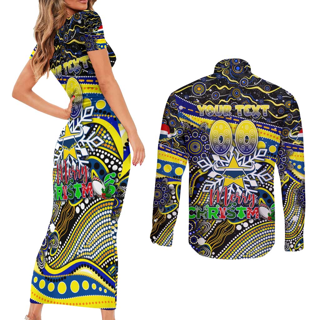 Merry Christmas Cowboys Couples Matching Short Sleeve Bodycon Dress and Long Sleeve Button Shirt Aboriginal Santa Rugby Mascot - North Queensland