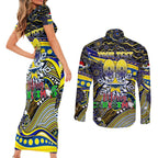 Merry Christmas Cowboys Couples Matching Short Sleeve Bodycon Dress and Long Sleeve Button Shirt Aboriginal Santa Rugby Mascot - North Queensland