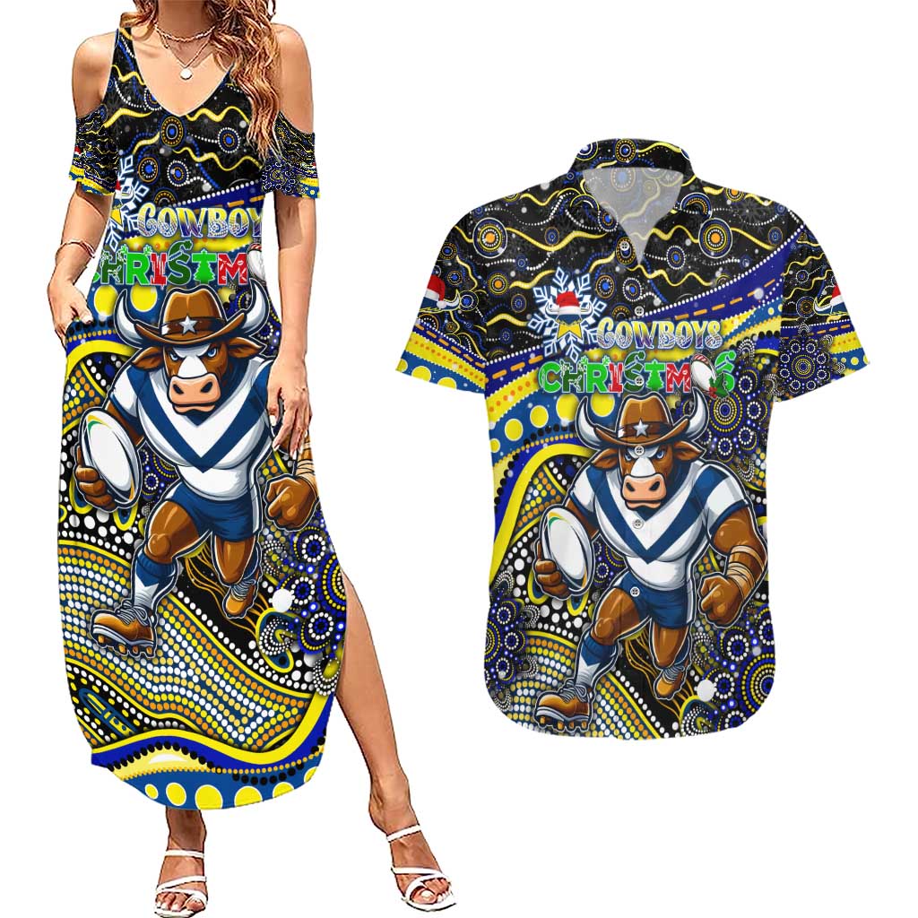Merry Christmas Cowboys Couples Matching Summer Maxi Dress and Hawaiian Shirt Aboriginal Santa Rugby Mascot - North Queensland