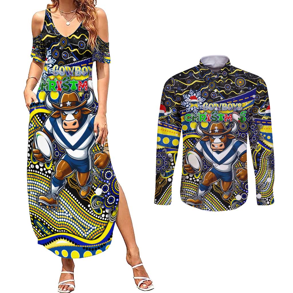 Merry Christmas Cowboys Couples Matching Summer Maxi Dress and Long Sleeve Button Shirt Aboriginal Santa Rugby Mascot - North Queensland