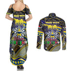 Merry Christmas Cowboys Couples Matching Summer Maxi Dress and Long Sleeve Button Shirt Aboriginal Santa Rugby Mascot - North Queensland