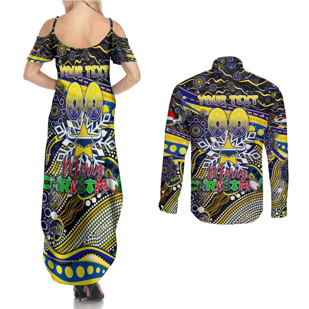 Merry Christmas Cowboys Couples Matching Summer Maxi Dress and Long Sleeve Button Shirt Aboriginal Santa Rugby Mascot - North Queensland