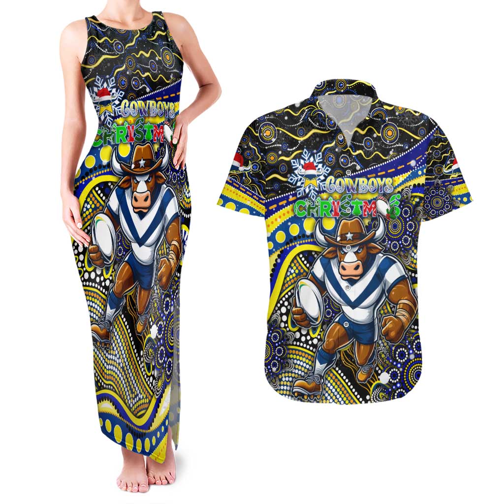 Merry Christmas Cowboys Couples Matching Tank Maxi Dress and Hawaiian Shirt Aboriginal Santa Rugby Mascot - North Queensland