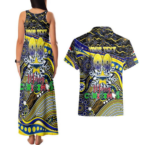 Merry Christmas Cowboys Couples Matching Tank Maxi Dress and Hawaiian Shirt Aboriginal Santa Rugby Mascot - North Queensland