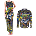 Merry Christmas Cowboys Couples Matching Tank Maxi Dress and Long Sleeve Button Shirt Aboriginal Santa Rugby Mascot - North Queensland