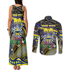 Merry Christmas Cowboys Couples Matching Tank Maxi Dress and Long Sleeve Button Shirt Aboriginal Santa Rugby Mascot - North Queensland