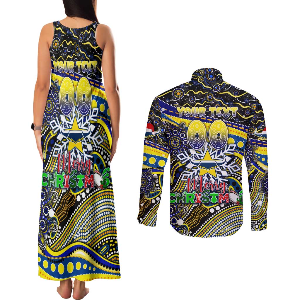 Merry Christmas Cowboys Couples Matching Tank Maxi Dress and Long Sleeve Button Shirt Aboriginal Santa Rugby Mascot - North Queensland