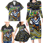 Merry Christmas Cowboys Family Matching Long Sleeve Bodycon Dress and Hawaiian Shirt Aboriginal Santa Rugby Mascot - North Queensland