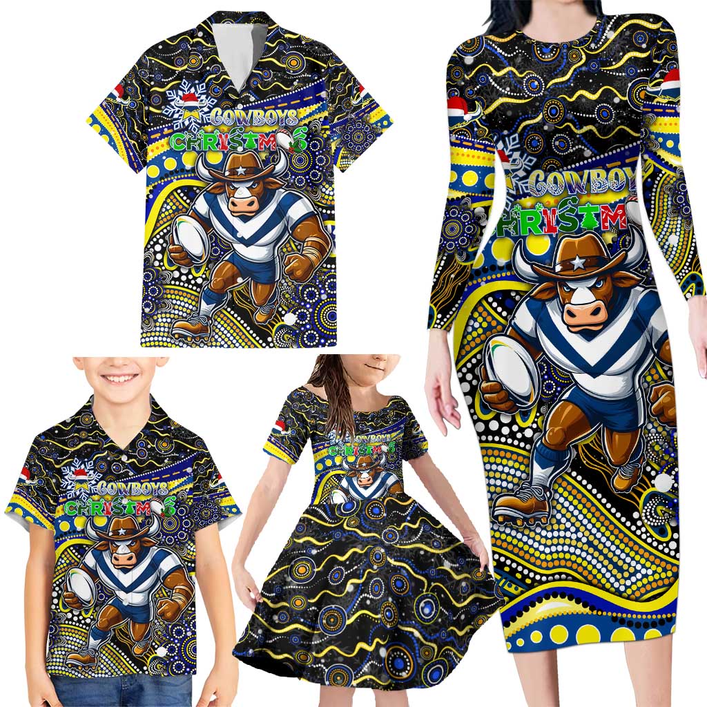 Merry Christmas Cowboys Family Matching Long Sleeve Bodycon Dress and Hawaiian Shirt Aboriginal Santa Rugby Mascot - North Queensland