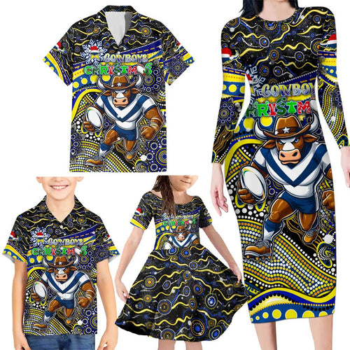 Merry Christmas Cowboys Family Matching Long Sleeve Bodycon Dress and Hawaiian Shirt Aboriginal Santa Rugby Mascot - North Queensland