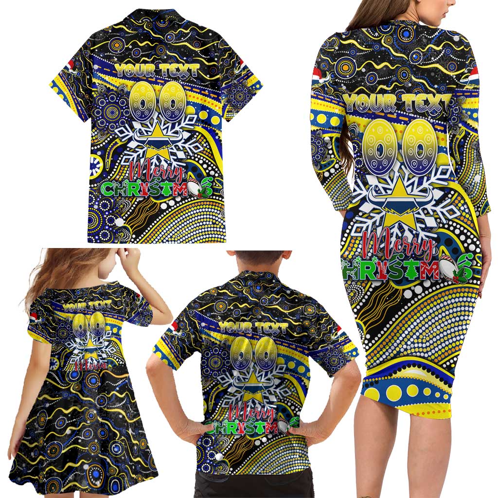 Merry Christmas Cowboys Family Matching Long Sleeve Bodycon Dress and Hawaiian Shirt Aboriginal Santa Rugby Mascot - North Queensland