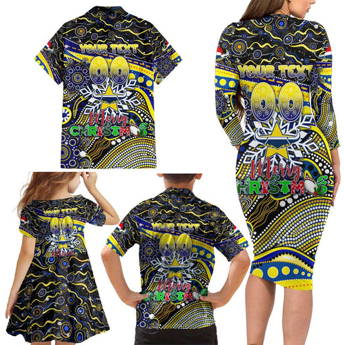 Merry Christmas Cowboys Family Matching Long Sleeve Bodycon Dress and Hawaiian Shirt Aboriginal Santa Rugby Mascot - North Queensland
